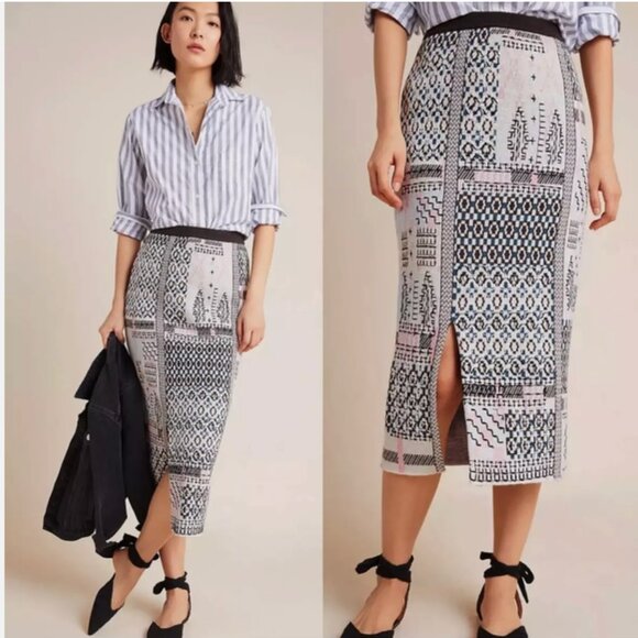 Anthropologie Avery Pencil Skirt Cashmere Wool Knit Embroidered Midi New $198 S